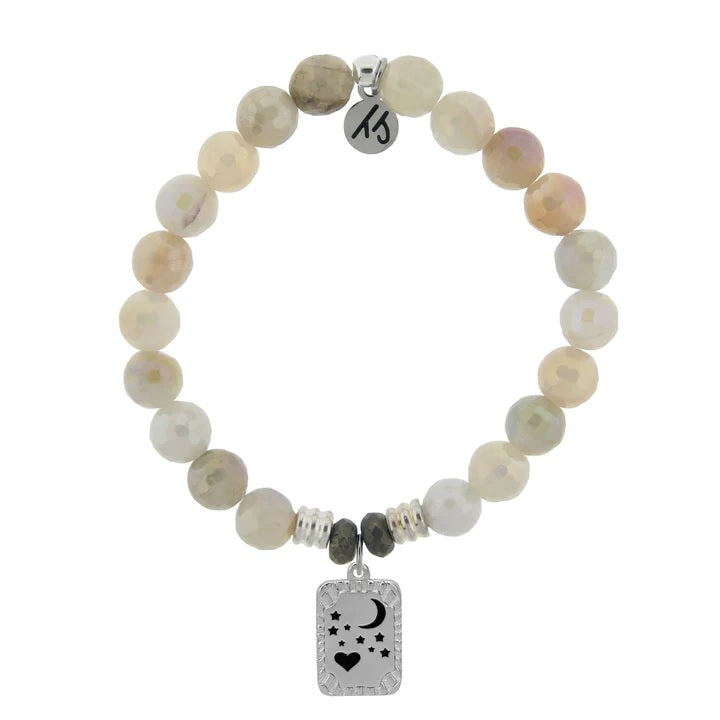 BRACELETS - Moonstone Stone Bracelet With Moon And Back Sterling Silver Charm