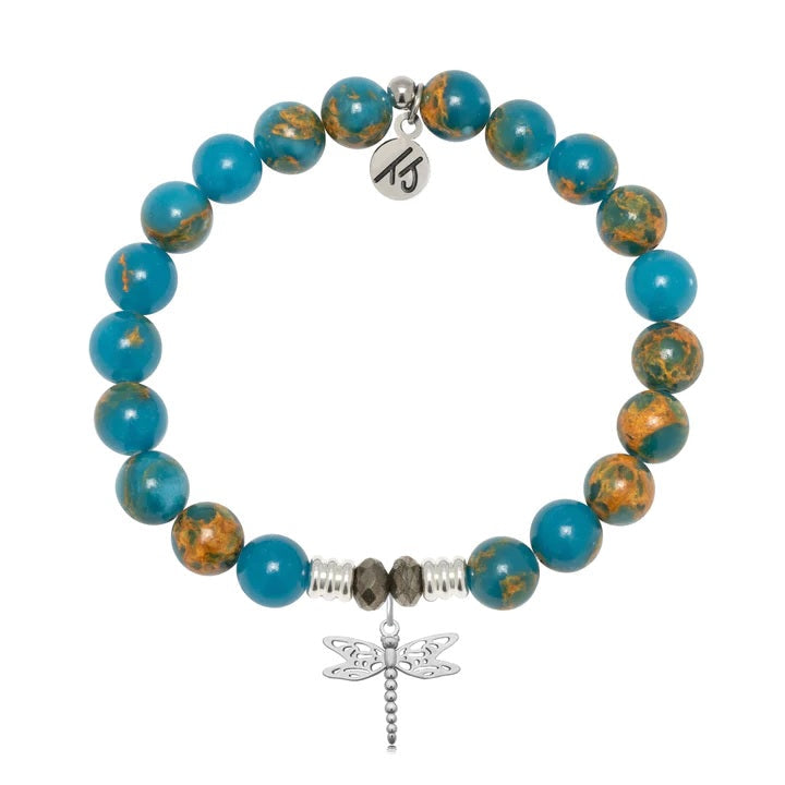 BRACELETS - Ocean Jasper Gemstone Bracelet With Dragonfly Sterling Silver Charm