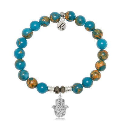 BRACELETS - Ocean Jasper Gemstone Bracelet With Hamsa Sterling Silver Charm