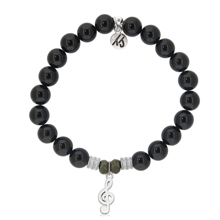 BRACELETS - Onyx Gemstone Bracelet With Music Note Sterling Silver Charm
