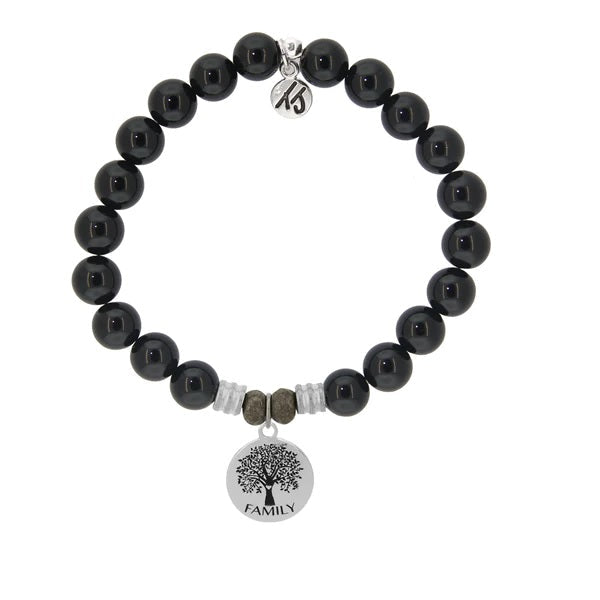 BRACELETS - Onyx Stone Bracelet With Family Tree Circle Sterling Silver Charm
