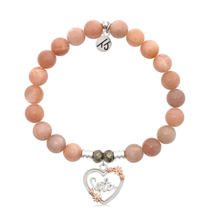 BRACELETS - Peach Moonstone Stone Bracelet With Heart Sister Silver Charm