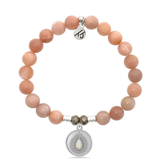 BRACELETS - Peach Moonstone Stone Bracelet With You're One Of A Kind/White Opal Silver Charm