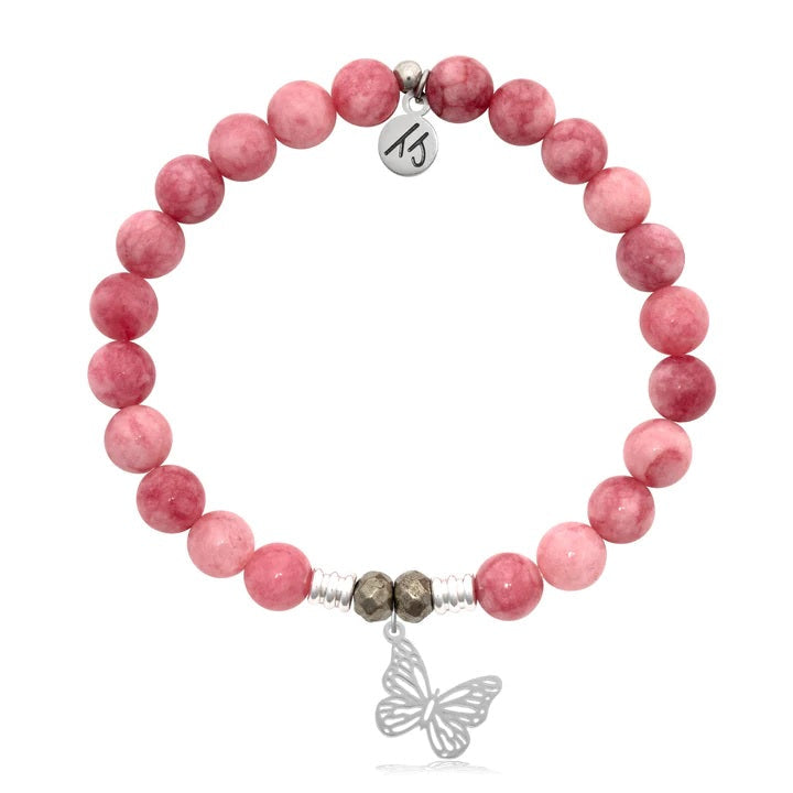 BRACELETS - Pink Jade Stone Bracelet With Butterfly Sterling Silver Charm