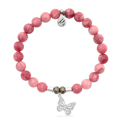 BRACELETS - Pink Jade Stone Bracelet With Butterfly Sterling Silver Charm