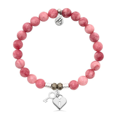 BRACELETS - Pink Jade Stone Bracelet With Key To My Heart Sterling Silver Charm