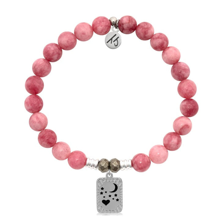 BRACELETS - Pink Jade Stone Bracelet With Moon And Back Sterling Silver Charm