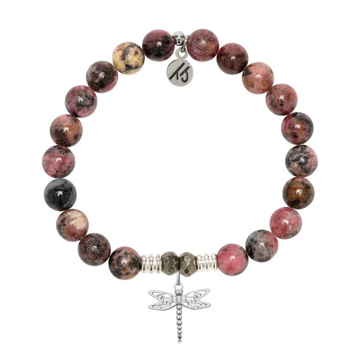 BRACELETS - Pink Rhodonite Gemstone Bracelet With Dragonfly Sterling Silver Charm