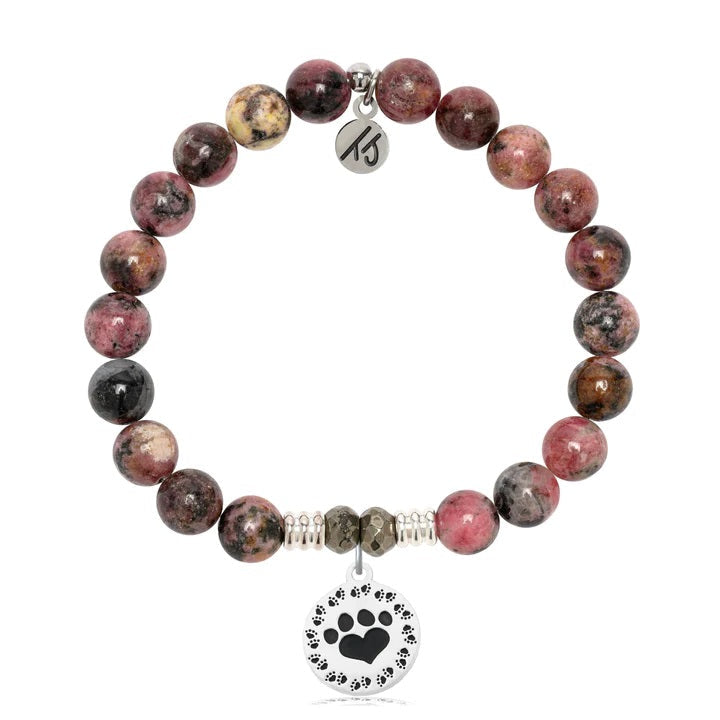 BRACELETS - Pink Rhodonite Gemstone Bracelet With Paw Print Sterling Silver Charm