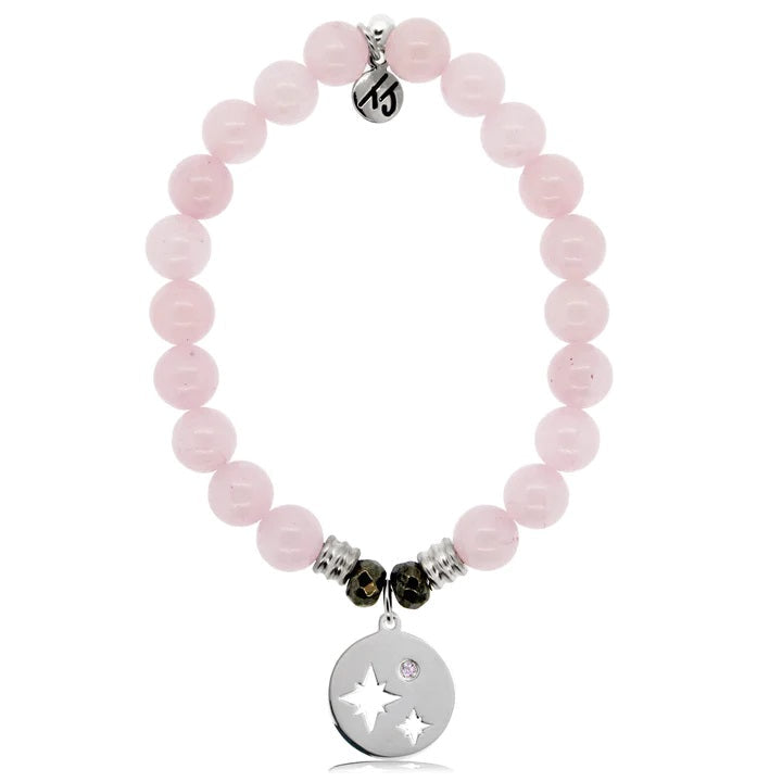 BRACELETS - Rose Quartz Gemstone Bracelet With Mother Daughter Sterling Silver Charm