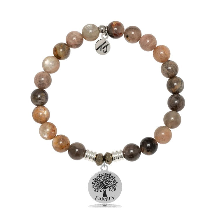 BRACELETS - Sand Moonstone Gemstone Bracelet With Family Tree Sterling Silver Charm