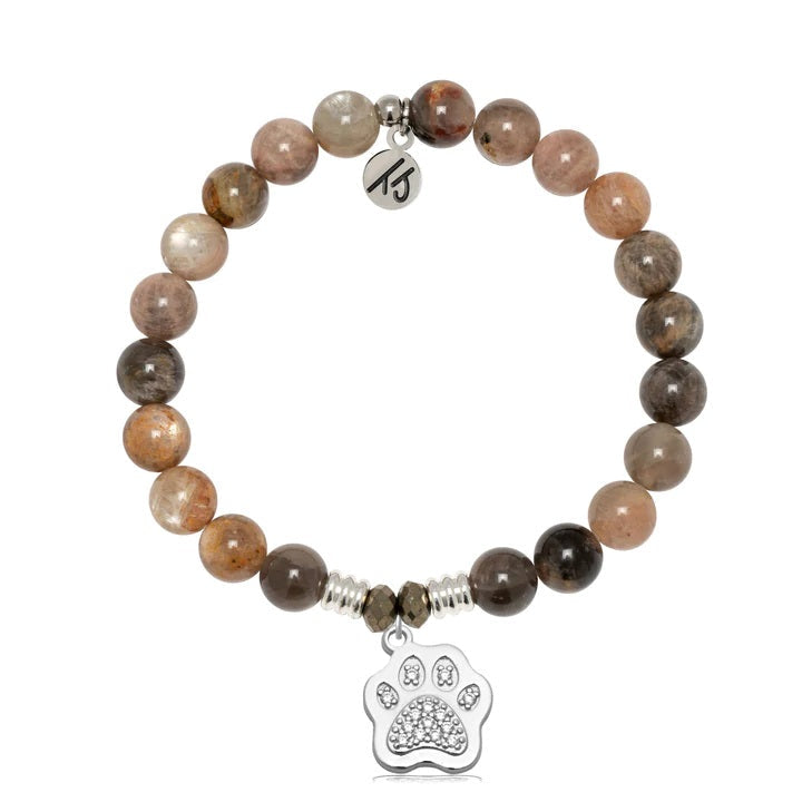 BRACELETS - Sand Moonstone Gemstone Bracelet With Paw CZ Sterling Silver Charm