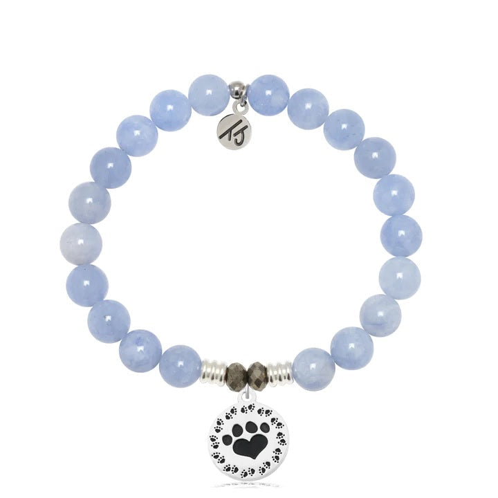 BRACELETS - Sky Blue Jade Gemstone Bracelet With Paw Print Sterling Silver Charm