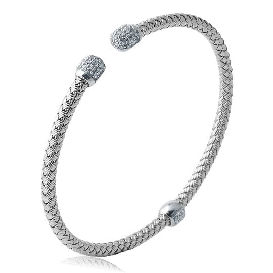 BRACELETS - Sterling Silver 4mm Mesh Cuff With CZ's