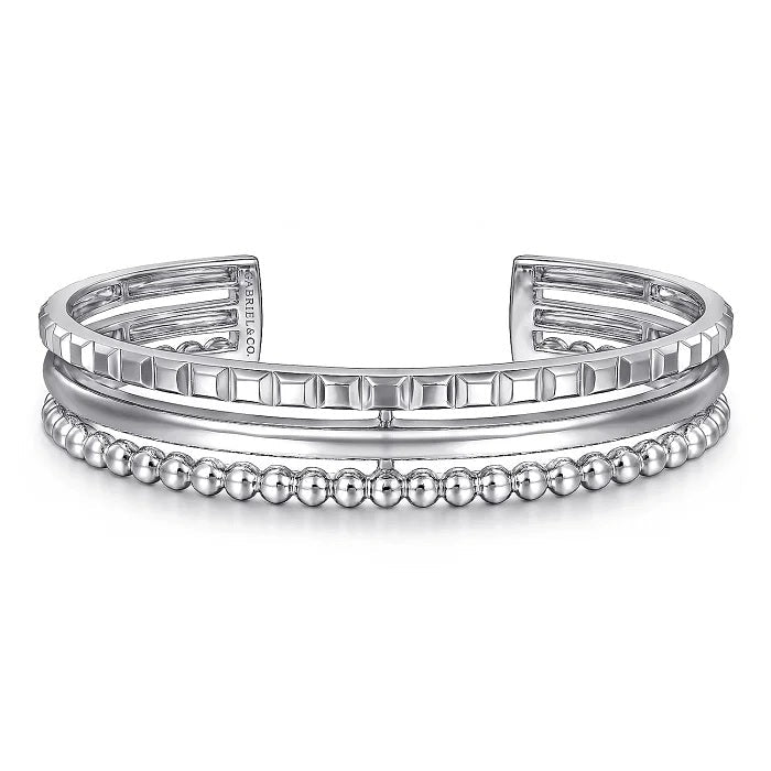 BRACELETS - Sterling Silver Bujukan & Pyramid Triple Row 6.25 Inch Bangle Bracelet