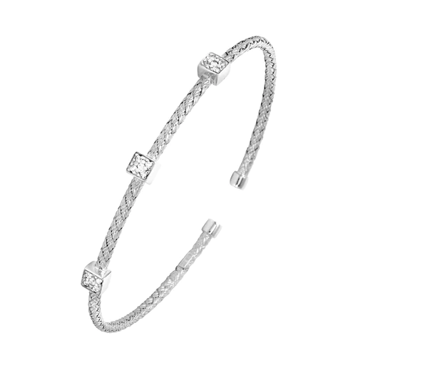 BRACELETS - Sterling Silver Mesh Cuff With CZ And Three Beads 2mm