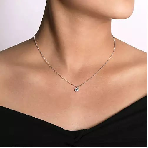 DIAMOND JEWELRY - 14K White Gold .10cttw Round Diamond Pave Disc Pendant On A 17.5 Inch Chain