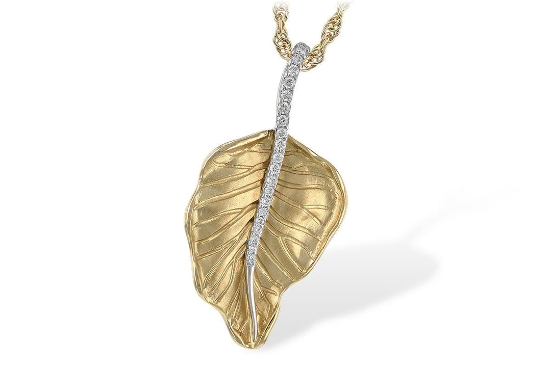 DIAMOND JEWELRY - 14K Yellow And White Gold Brushed Diamond Leaf Necklace