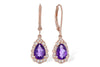 EARRINGS - 14K Rose Gold Pear Amethyst And Diamond Dangle Earrings