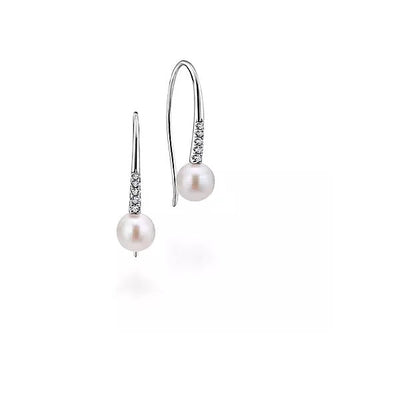 Earrings - 14K White Gold 0.07cttw Diamond & Cultured Pearl Drop Earrings