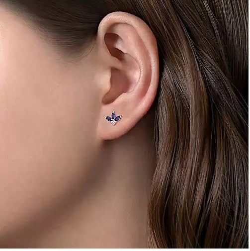 Earrings - 14K White Gold .69cttw Sapphire & .05cttw Diamond Leaf Shape Stud Earrings.