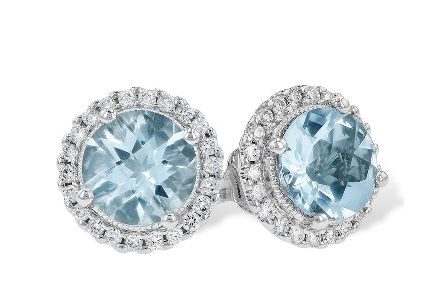 EARRINGS - 14K White Gold Aquamarine And Diamond Halo Stud Earrings