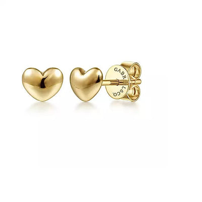 Earrings - 14K Yellow Gold Puff Heart Stud Earrings