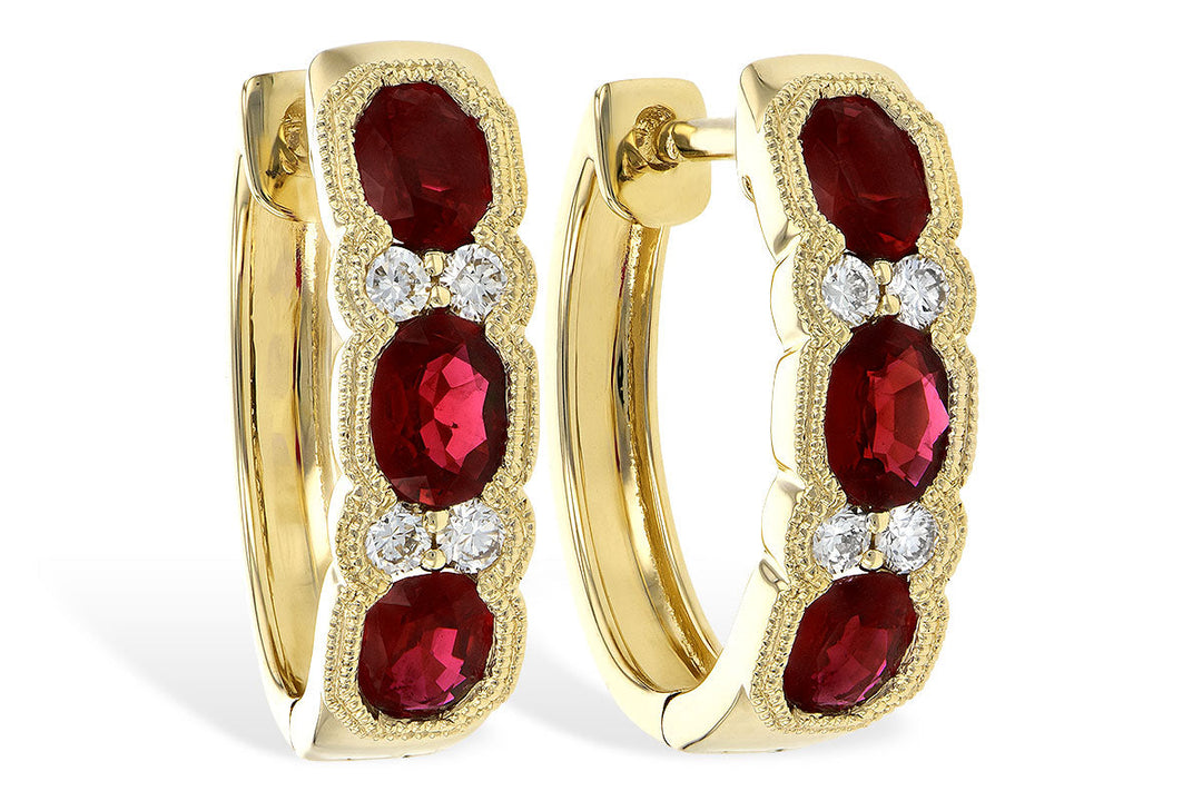 EARRINGS - 14K Yellow Gold Vintage Inspired Oval Ruby & Diamond Huggie Earrings