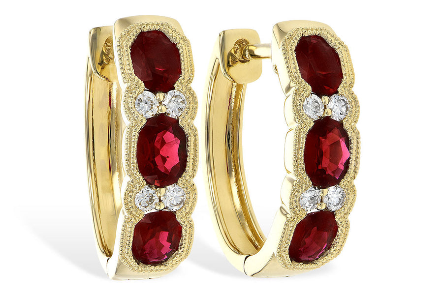 EARRINGS - 14K Yellow Gold Vintage Inspired Oval Ruby & Diamond Huggie Earrings