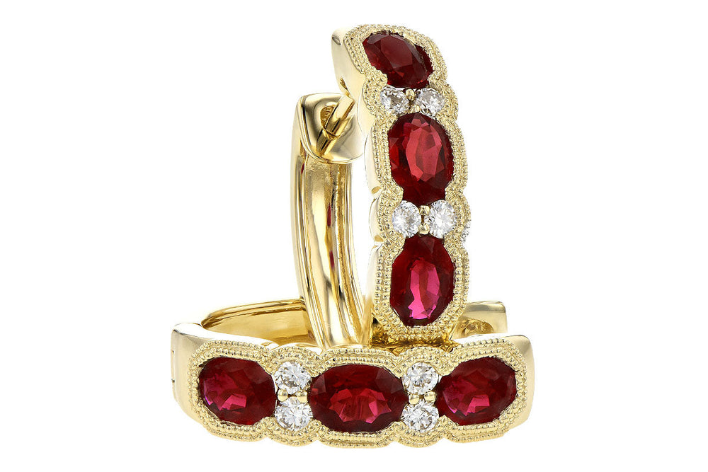 EARRINGS - 14K Yellow Gold Vintage Inspired Oval Ruby & Diamond Huggie Earrings