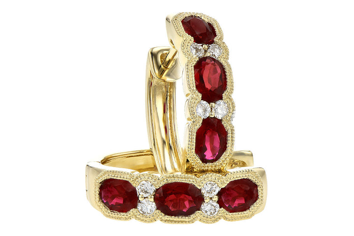 EARRINGS - 14K Yellow Gold Vintage Inspired Oval Ruby & Diamond Huggie Earrings