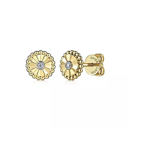 Earrings - 14K Yellow-White Gold  .02cttw Bezel Set In White Gold Diamond Cut Stud Earrings