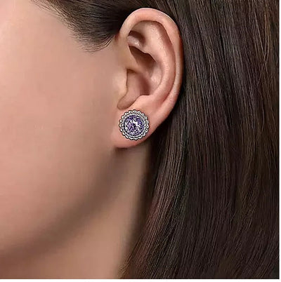 EARRINGS - Sterling Sliver Faceted Round Amethyst Bujukan Stud Earrings