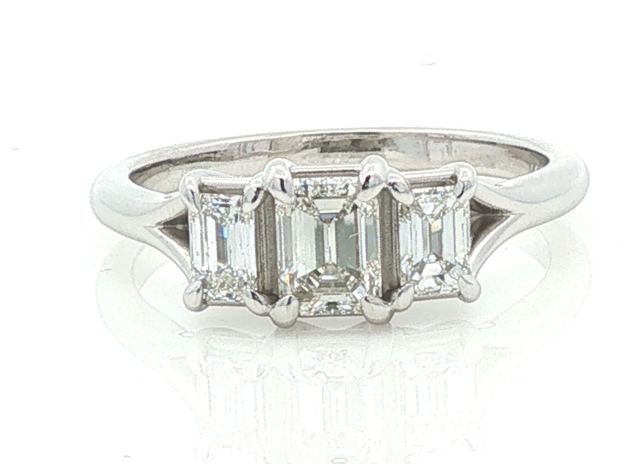 0.92 cttw Natural Emerald-Cut Three-Stone Diamond Ring in 14K White Gold; stock 100-919