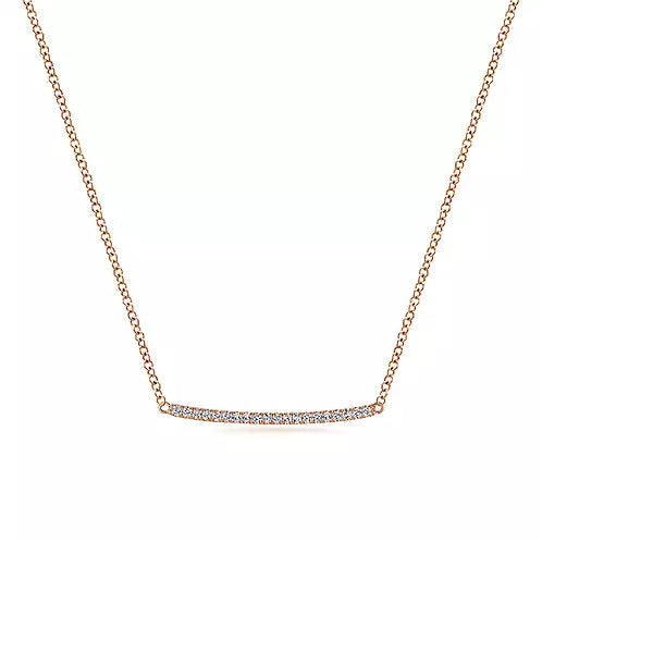 Necklace - 14K Rose Gold Curved .10cttw Diamond Bar Necklace With Pave Set Diamonds