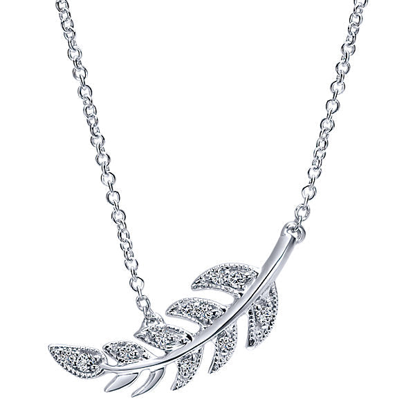 Necklace - 14K White Gold .04cttw Leaf Shaped Pave Diamond Necklace