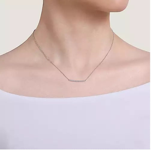 Necklace - 14K White Gold Curved .10cttw Diamond Bar Necklace With Pave Set Diamonds