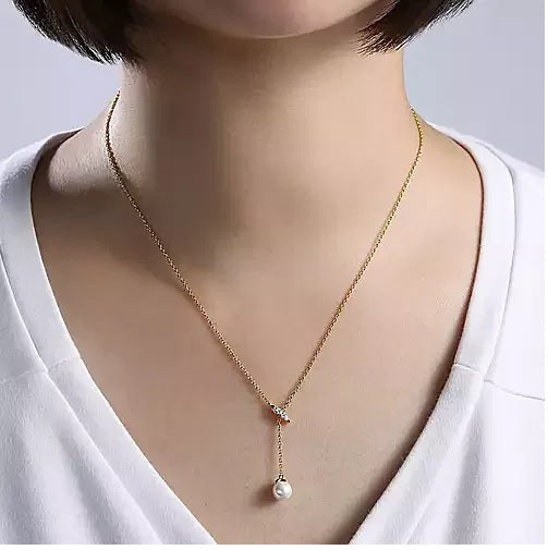 Necklace - 14K Yellow Gold .04 Diamond & Cultured Pearl Y Knot 17.5" Necklace