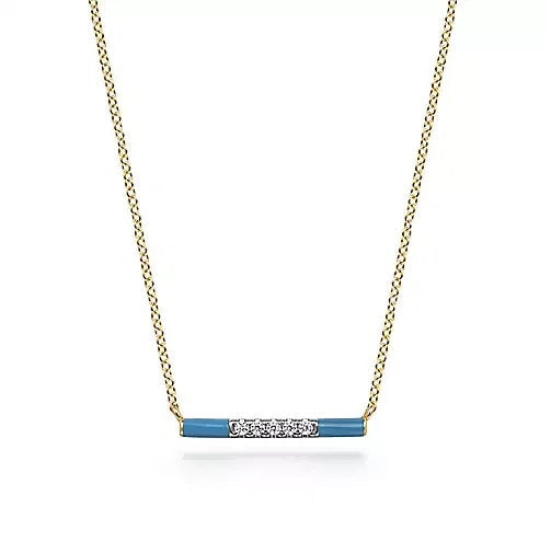 Necklace - 14K Yellow Gold .06cttw Diamond Bar Necklace With Blue Enamel