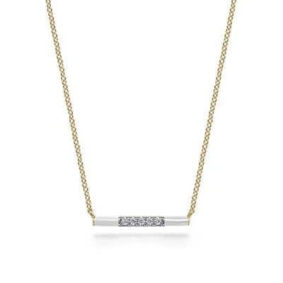 Necklace - 14K Yellow Gold .06cttw Diamond Bar Necklace With White Enamel