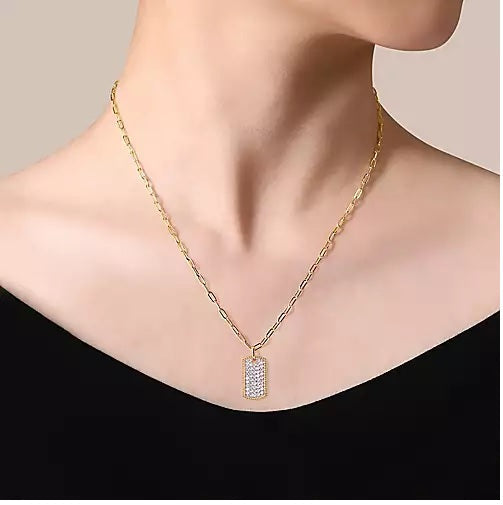 Necklace - 14K Yellow Gold .71cttw Diamond Pave Dog Tag Pendant
