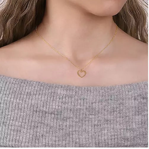 Necklace - 14K Yellow Gold Bujukan Beaded Open Heart Pendant