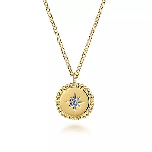 Necklace - 14K Yellow Gold Bujukan Medallion Pendant With .02cttw Starburst Diamond Center
