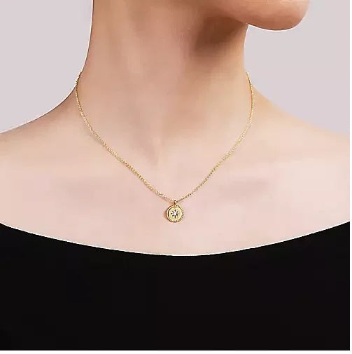 Necklace - 14K Yellow Gold Bujukan Medallion Pendant With .02cttw Starburst Diamond Center