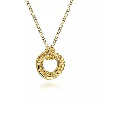 Necklace - 14K Yellow Gold Plain & Bujukan Beaded Interlocking Circles Pendant