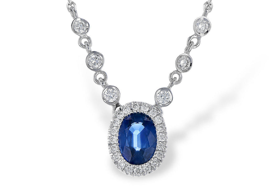 NECKLACES - 14K White Gold .86ct Oval Halo Blue Sapphire Necklace With Bezel Diamond Accent