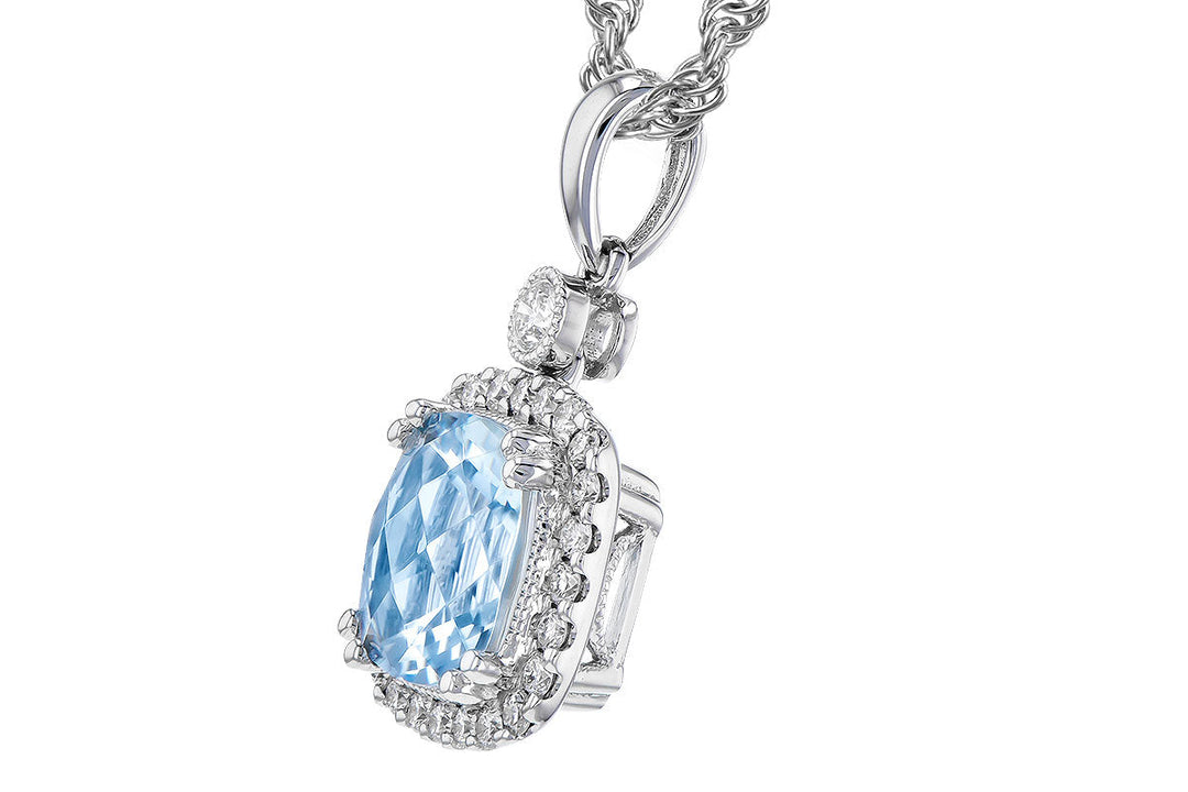 NECKLACES - 14K White Gold Cushion Cut Aquamarine And Diamond Halo Necklace.