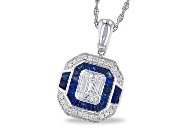 NECKLACES - 14K White Gold Sapphire And Diamond Halo Pendant With Milgrain Details.