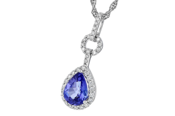 NECKLACES - 14K White Gold Tanzanite And Diamond Halo Drop Necklace.