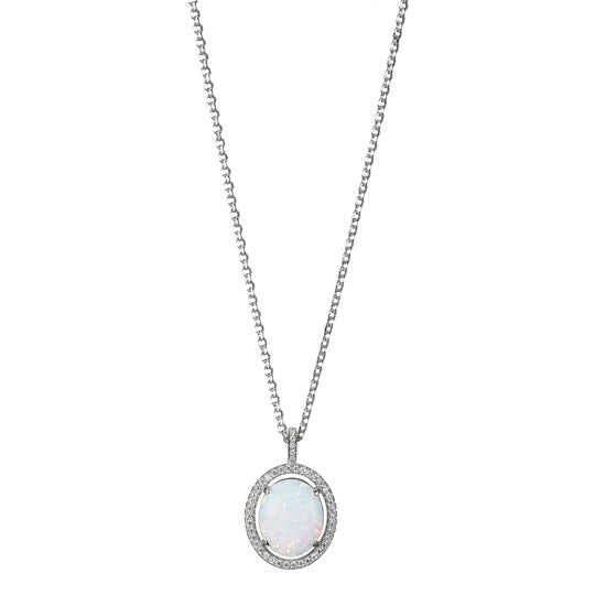 NECKLACES - Sterling Silver 17" Necklace With Round Synthetic Opal And CZ Halo